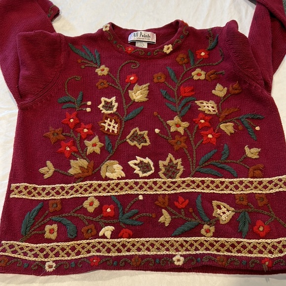All Points Large Vintage Crewel Stitched Sweater Gently Worn Deep Red Fall - Picture 5 of 5
